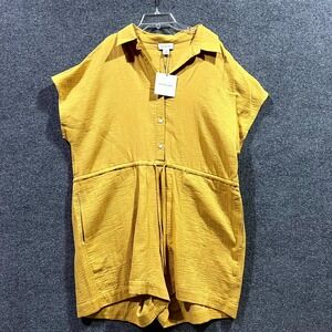 Calvin Klein Jeans Gauze Romper Womens XL Yellow Cotton Button Front Tie Waist